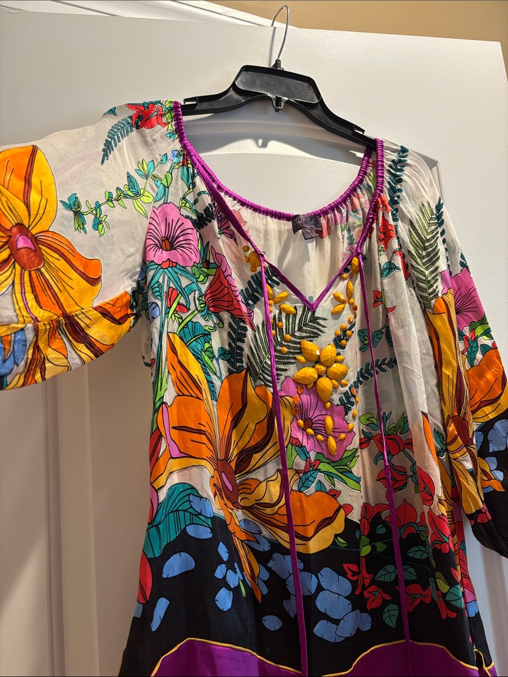 Hale Bob Multicolor Floral Beaded Oversized Peasant Tunic Silk Top Medium - Picture 4 of 7